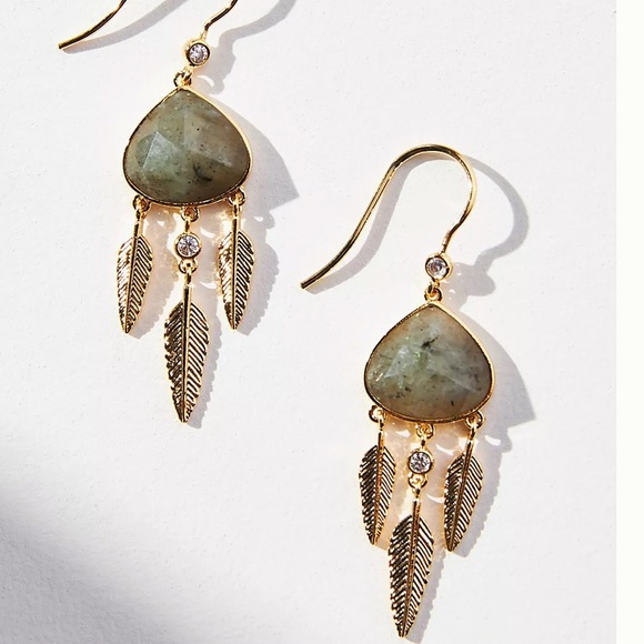 🆕 Anthropologie Leaf Chandelier Drop Earrings in Slate-Gold - Picture 2 of 12